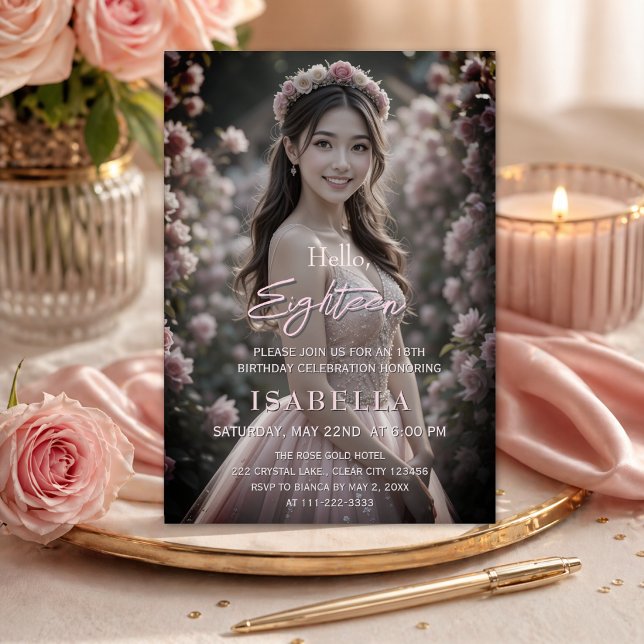 Invitación Rosa Rubor Hola Dieciocho Foto (Blush pink 18th birthday invitation with soft floral and elegant photo design)