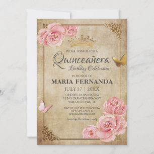 Invitación Rosa Rubor Mariposa rosa Crown Gold Quinceanera