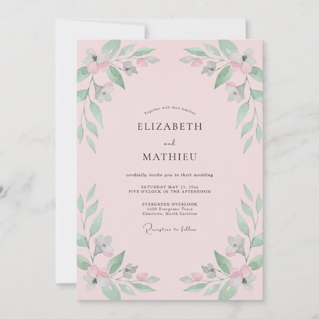 Invitación Rosa Rubor Menta Follaje Eucalipto Boda (Anverso)
