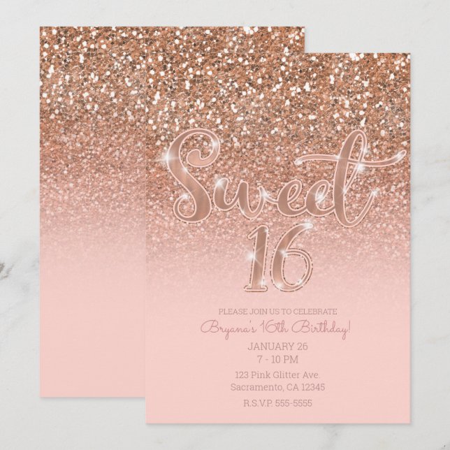 Invitación Rosa Rubor Moderno Glam Brillo Dulces 16 (Anverso / Reverso)