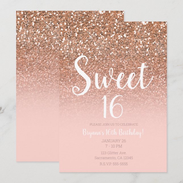 Invitación Rosa Rubor Moderno Glam Brillo Dulces 16 (Anverso / Reverso)