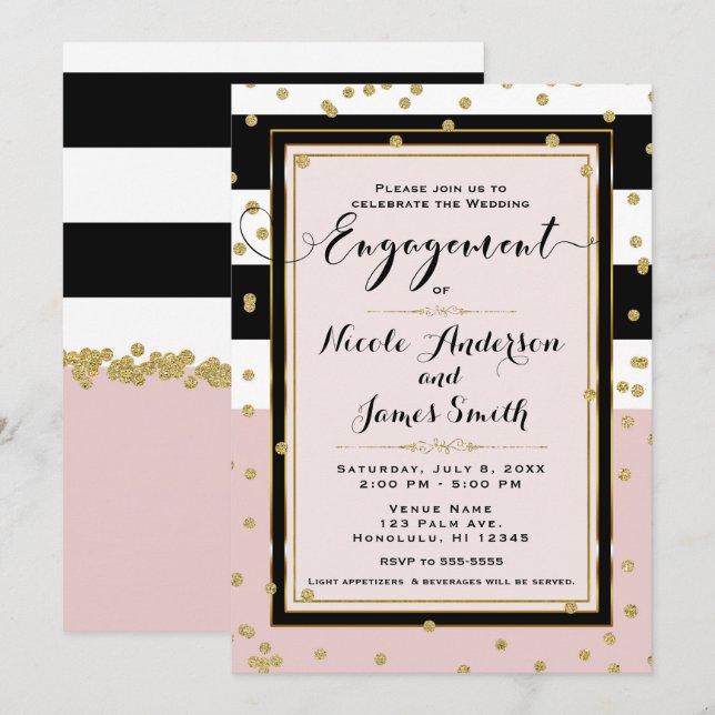 Invitación Rosa Rubor Negro Blanco Dorado Fiesta de Compromis (Anverso / Reverso)