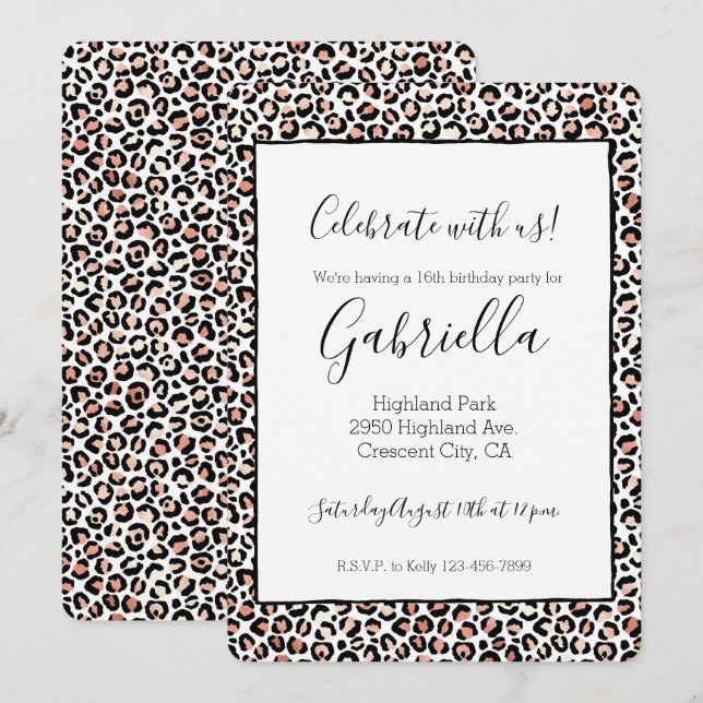 Invitación Rosa Rubor Negro Blanco Estampado Leopardo (Anverso / Reverso)
