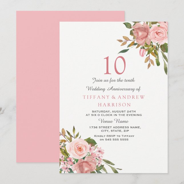 Invitación Rosa Rubor Oro Blanco 10º Aniversario de Boda (Anverso / Reverso)