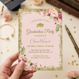 Invitación Rosa Rubor Oro Brillos Floral Foto Graduación