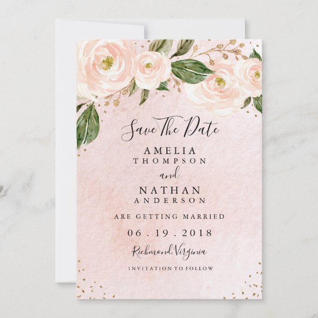 Invitación Rosa Rubor Oro Floral Boda Guardar La Fecha   (Anverso)