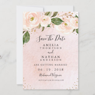 Invitación Rosa Rubor Oro Floral Boda Guardar La Fecha