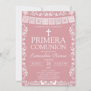 Invitación Rosa Rubor Papel Picado Primera Comunión