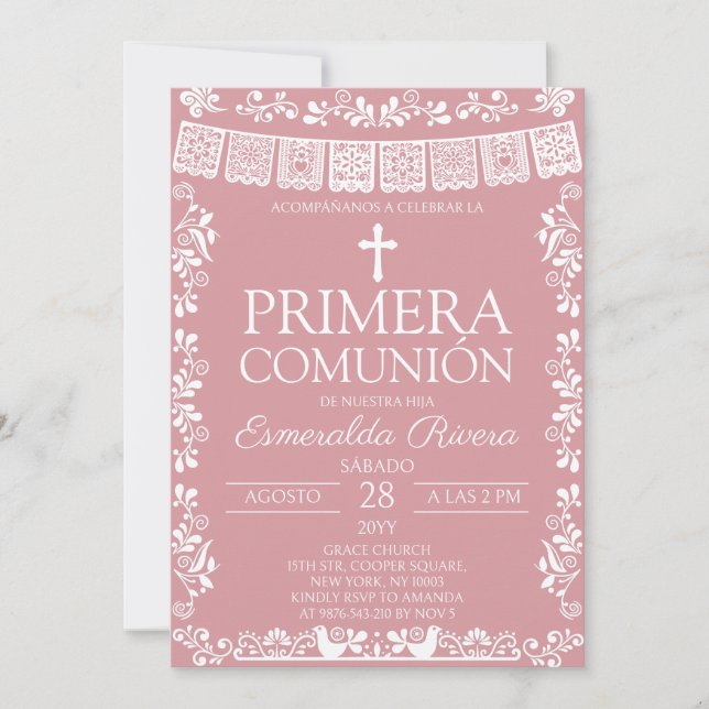 Invitación Rosa Rubor Papel Picado Primera Comunión (Anverso)