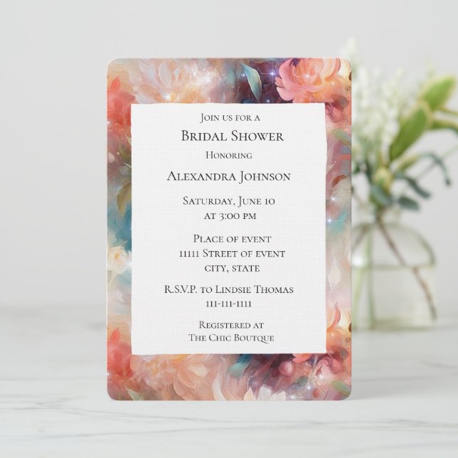 Invitación Rosa Rubor Peach Naranja Floral Bridal Shower (Anverso de pie)