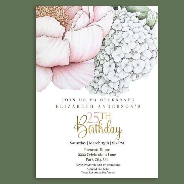 Invitación Rosa Rubor Peonía 25 Cumpleaños (Subido por el creador)
