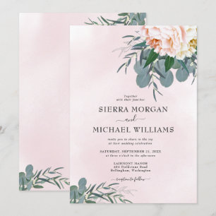 Invitación Rosa Rubor Peonía Acuarela Eucalipto Boda