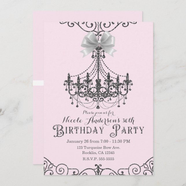 Invitación Rosa Rubor Plata Blanco Lazo Cumpleaños Cualquier  (Anverso / Reverso)