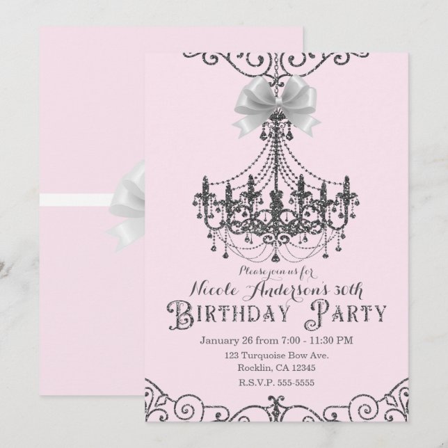 Invitación Rosa Rubor Plata Blanco Lazo Cumpleaños Fiesta Cua (Anverso / Reverso)