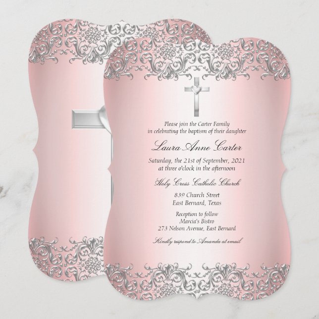 Invitación Rosa Rubor Plata Damasco Cruz Bautizo (Anverso / Reverso)