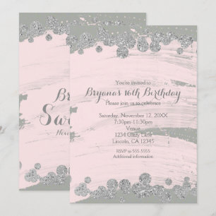 Invitación Rosa Rubor Plateado y Gris Brillo Puntos Glam Fies