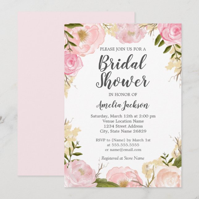Invitación Rosa Rubor rosa acuarela Floral Bridal Shower (Anverso / Reverso)