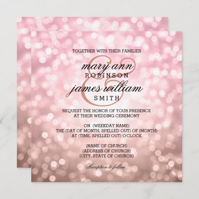 Invitación Rosa Rubor Rosa Bokeh Luces Boda de verano (Anverso / Reverso)