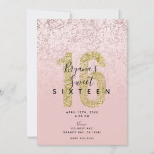 Invitación Rosa Rubor Rosa Dorado Brillo Mármol Glam Dulces 1