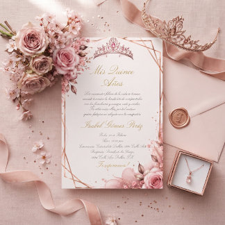 Invitación Rosa rubor rosa dorado princesa quinceañera