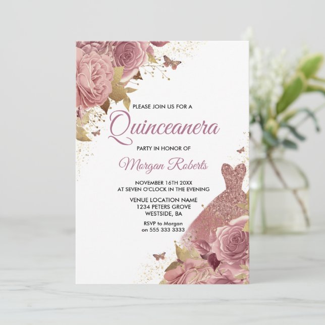 Invitación Rosa Rubor Rosa Dusty Vestido Quinceanera Fiesta (Anverso de pie)