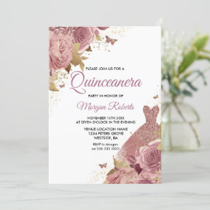 Invitación Rosa Rubor Rosa Dusty Vestido Quinceanera Fiesta