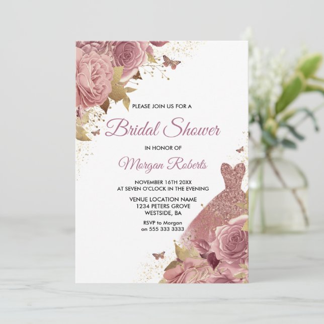 Invitación Rosa Rubor Rosa Dusty Vestido Vestido Bridal Showe (Anverso de pie)