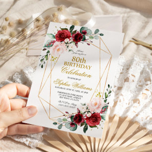 Invitación Rosa Rubor Rosa y Borgoña 80 Cumpleaños