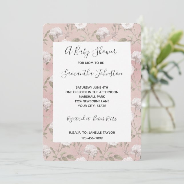 Invitación Rosa Rubor rosado White Floral Baby Shower (Anverso de pie)