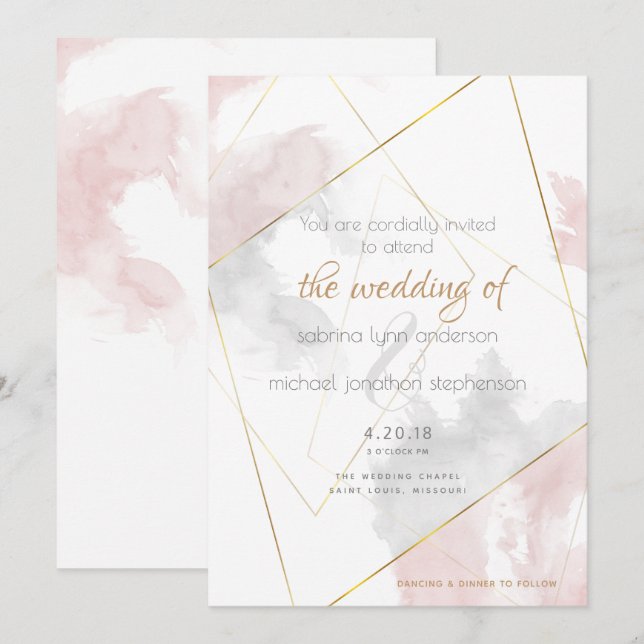 Invitación Rosa Rubor Silver Watercolor The BarefootBride™ (Anverso / Reverso)