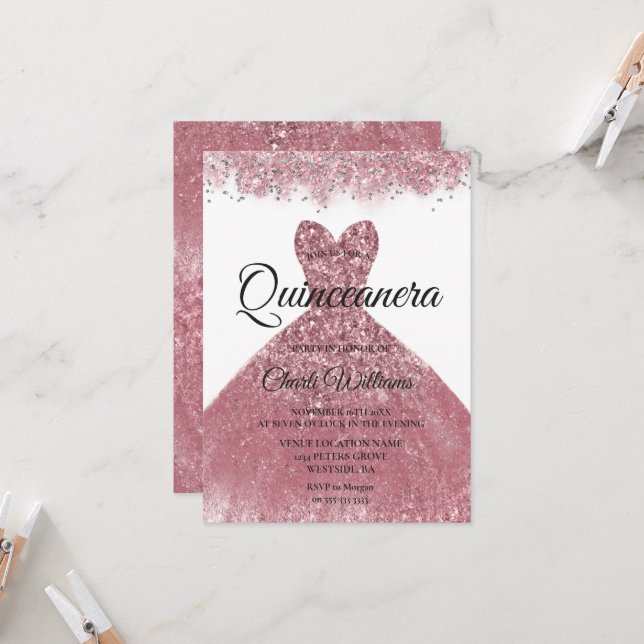 Invitación Rosa   Rubor Vestido Quinceanera Fiesta (Anverso/Reverso In Situ)