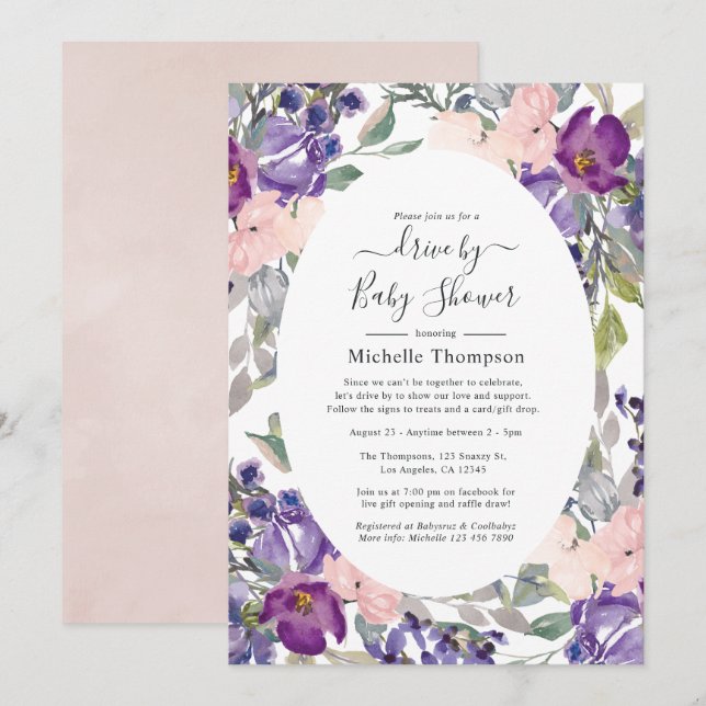 Invitación Rosa rubor, Violeta y Ciruela Regalo de Ducha (Anverso / Reverso)