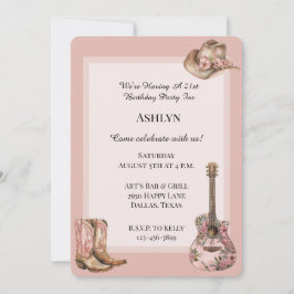 Invitación Rosa Rubor Western Cowgirl Floral Guitar Cumpleaño