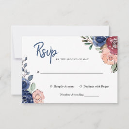Invitación Rosa Rubor y Floral Acuarela Naval | Boda