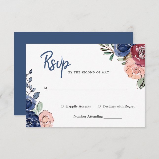 Invitación Rosa Rubor y Floral Acuarela Naval | Boda (Anverso / Reverso)