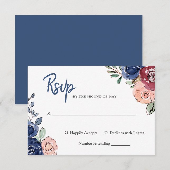 Invitación Rosa rubor y floral acuarela Navy | Boda (Anverso / Reverso)