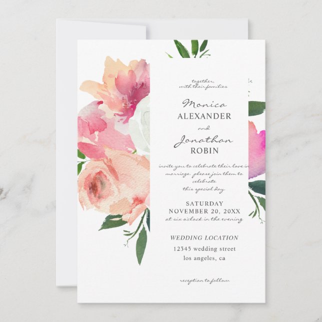 Invitación Rosa Rubor y Floral Botánico Gris Boda V2 (Anverso)
