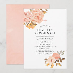 Invitación Rosa Rubor y Floral Dorado Primera Comunión