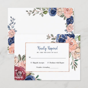 Invitación Rosa Rubor y Floral Geométrico Naval   Boda