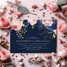 Rosa Rubor y Florales de Azul Marino Elegante Boda