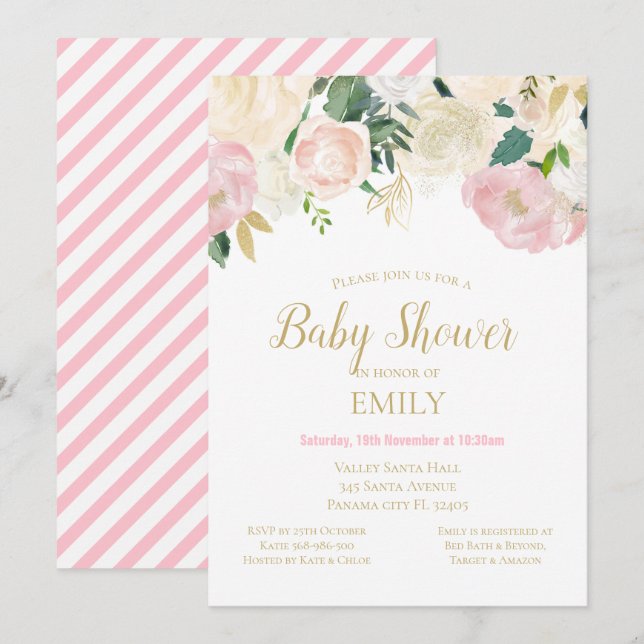 Invitación rosa Rubor y Gold para Baby Shower, Bab (Anverso / Reverso)