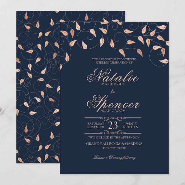 Invitación Rosa Rubor y Navy Elegant Vines Boda (Anverso / Reverso)