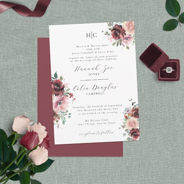 Invitación Rosa Rubor y Peony clásico de Borgoña (Subido por el creador)
