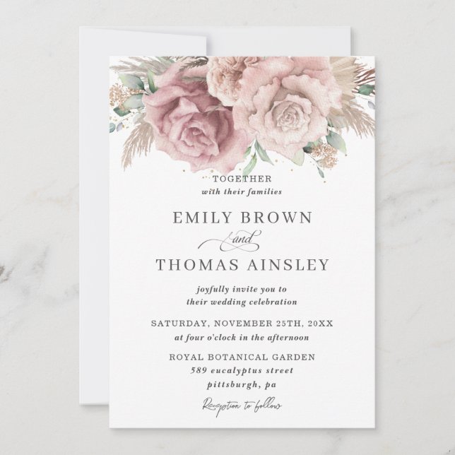 Invitación Rosa ruso Boho Dusty Rubor Floral Pampas Boda (Anverso)