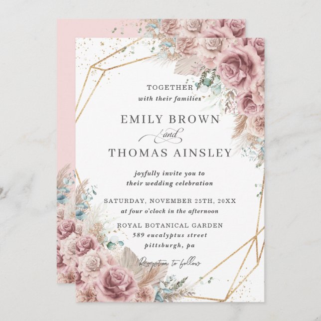 Invitación Rosa ruso Boho Dusty Rubor Floral Pampas Boda (Anverso / Reverso)