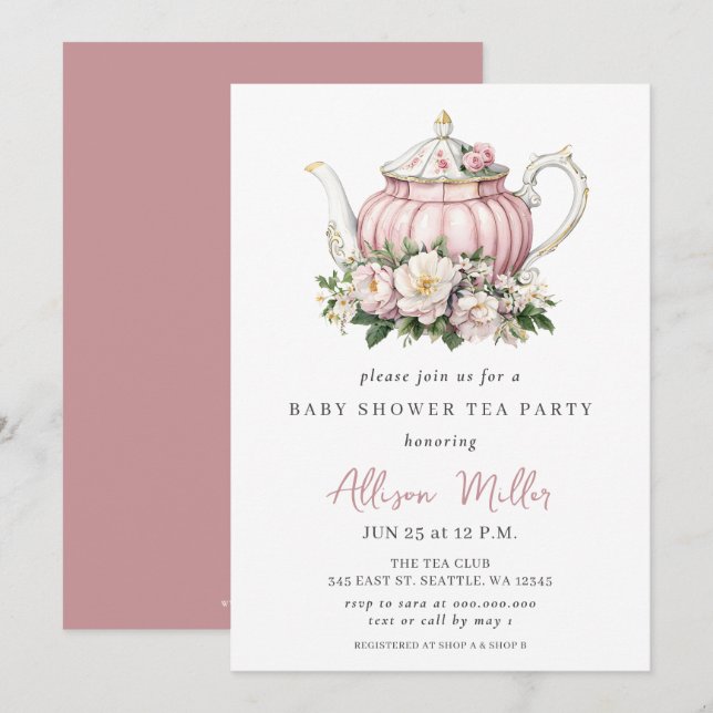 Invitación Rosa ruso de Rubor Gold Tea Fiesta Baby Shower (Anverso / Reverso)