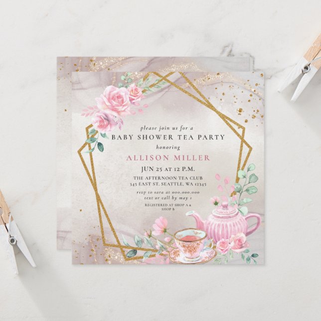 Invitación Rosa ruso de Rubor Gold Tea Fiesta Baby Shower (Anverso/Reverso In Situ)