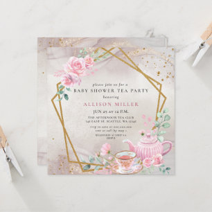 Invitación Rosa ruso de Rubor Gold Tea Fiesta Baby Shower