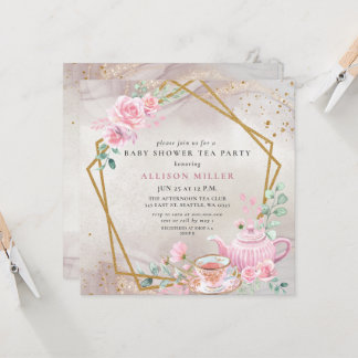Invitación Rosa ruso de Rubor Gold Tea Fiesta Baby Shower