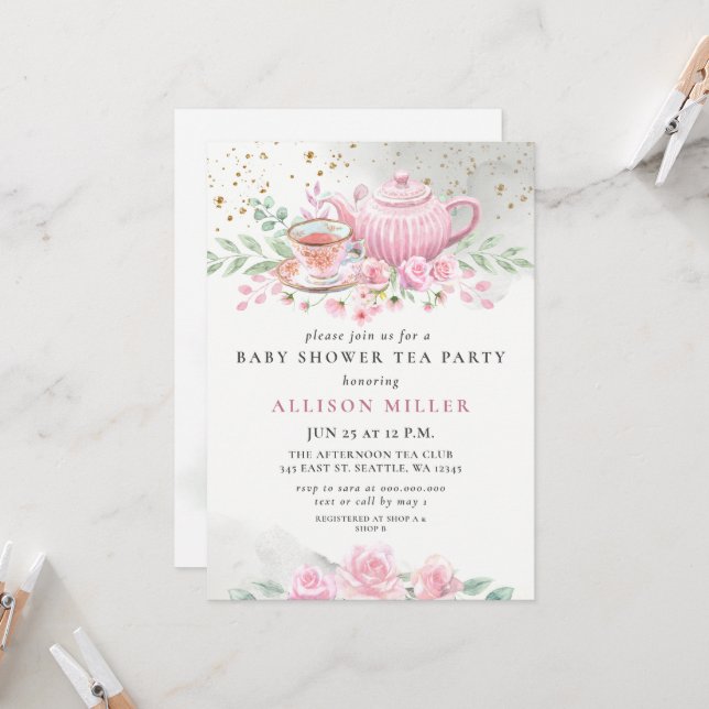 Invitación Rosa ruso de Rubor Gold Tea Fiesta Baby Shower (Anverso/Reverso In Situ)